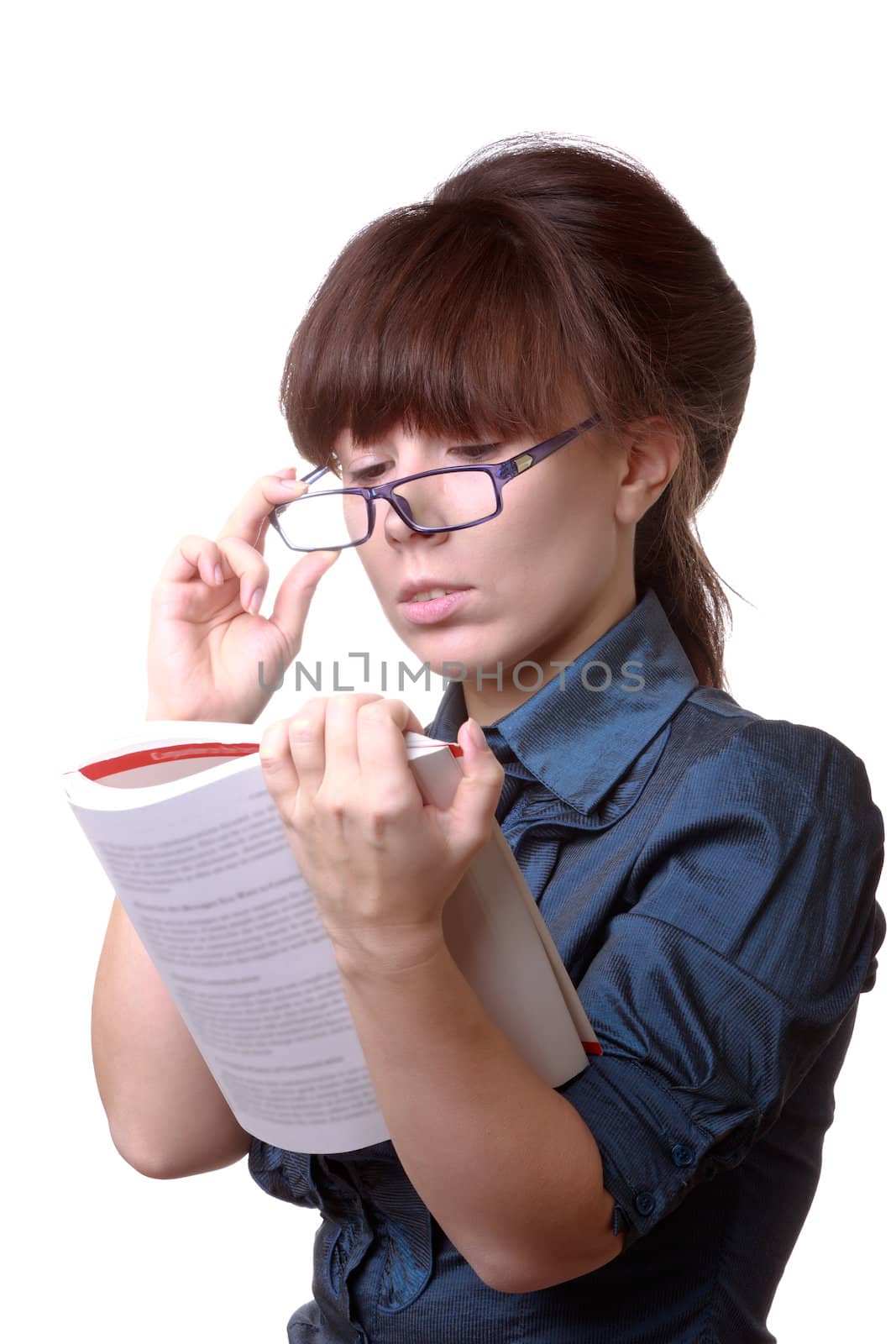 Portrait of young alluring brunette woman, holding book by Discovod