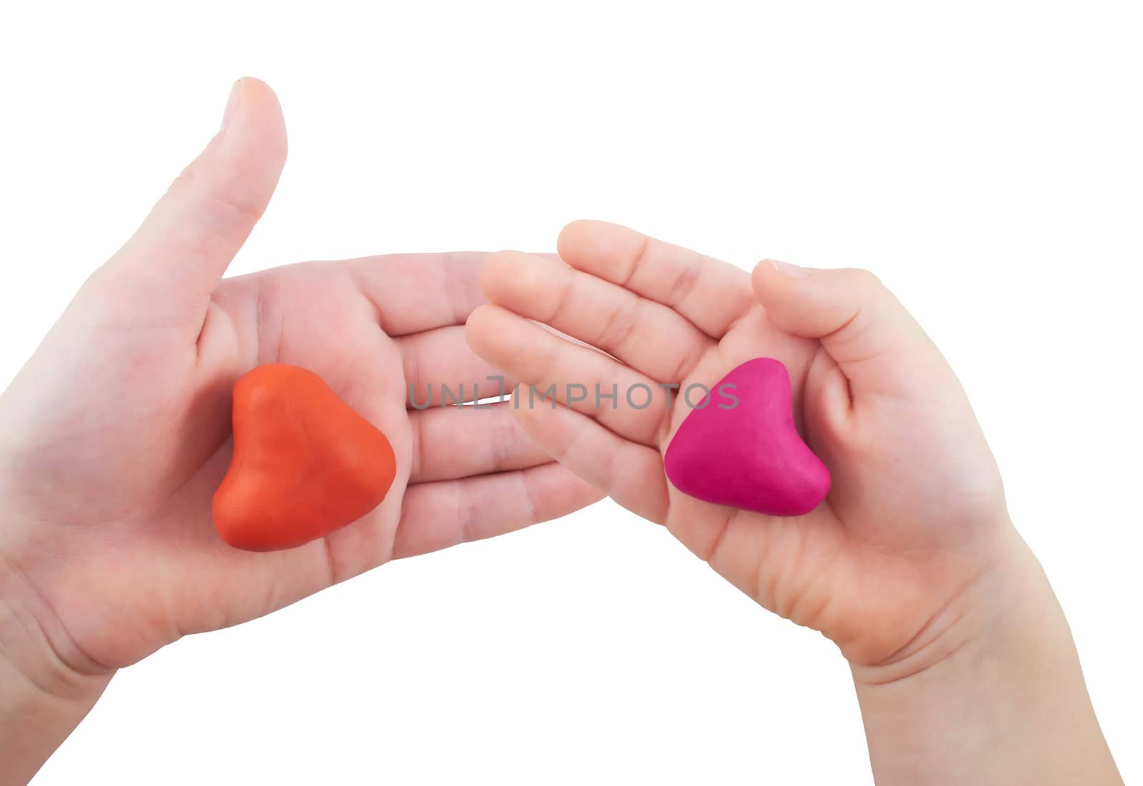 Two children's hands holding a heart-shaped heart on the isolated white background