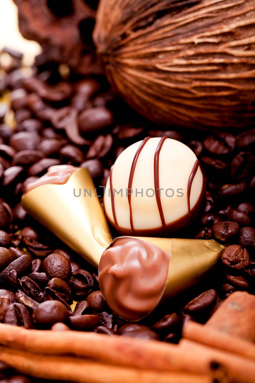 collection of different chocolate pralines truffels on golden brown background macro