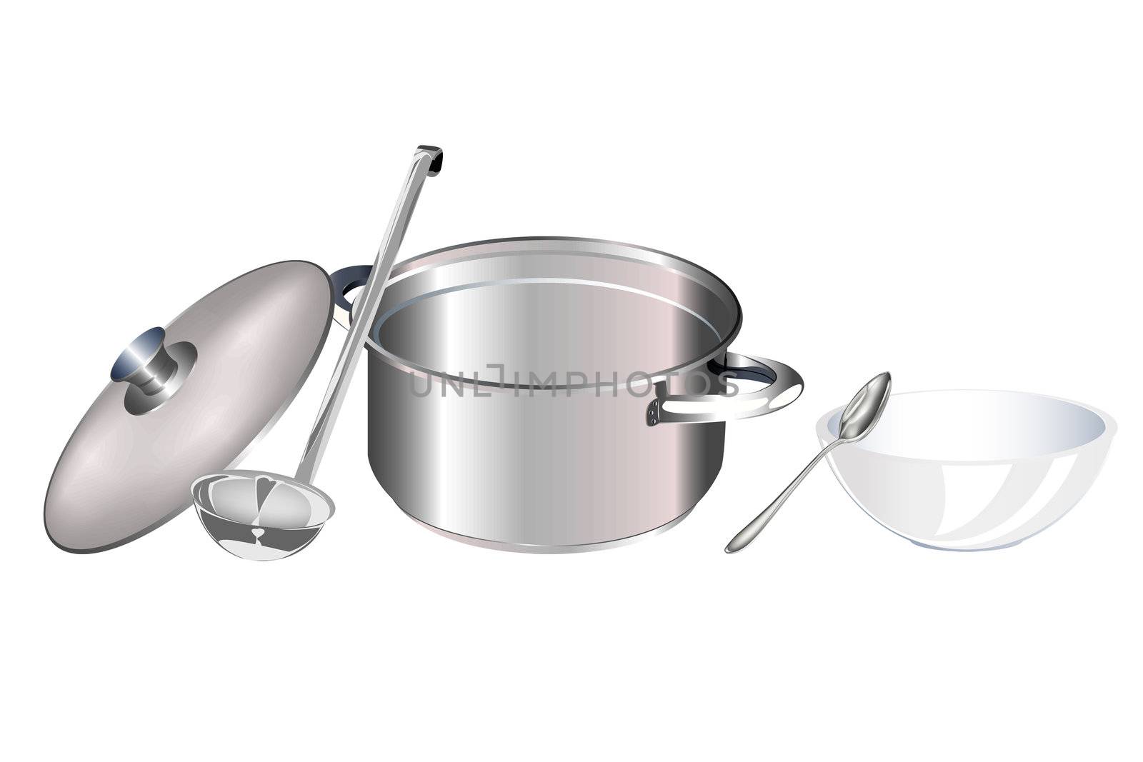 Saucepan and big spoon on a white background