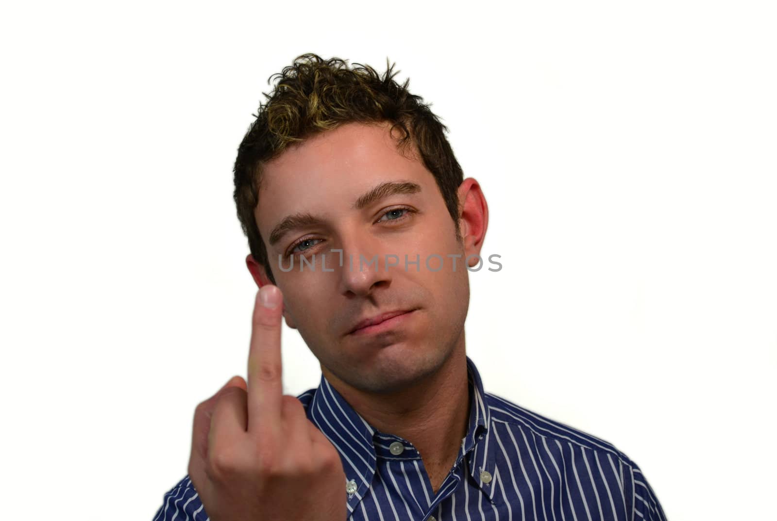 Attractive young man showing middle finger, isolated on white