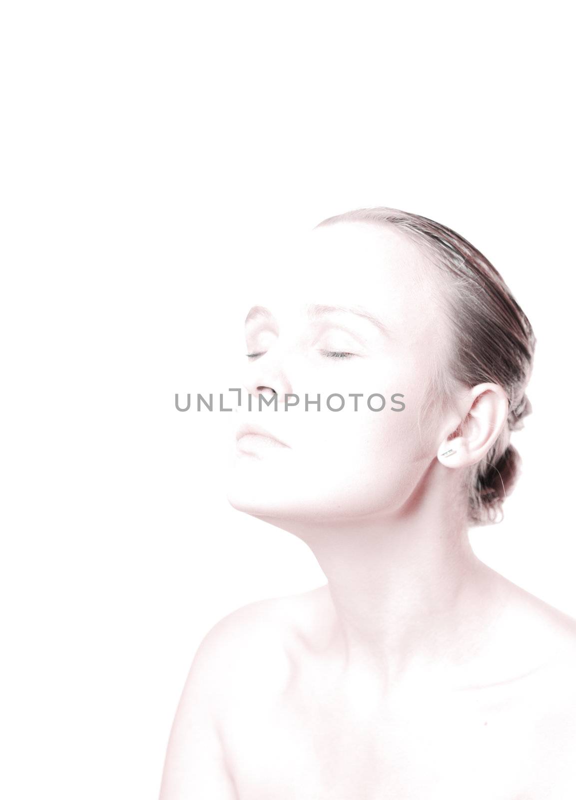 Overexposed portrait of a girl with technicolor correction and closed eyes. Space for text.