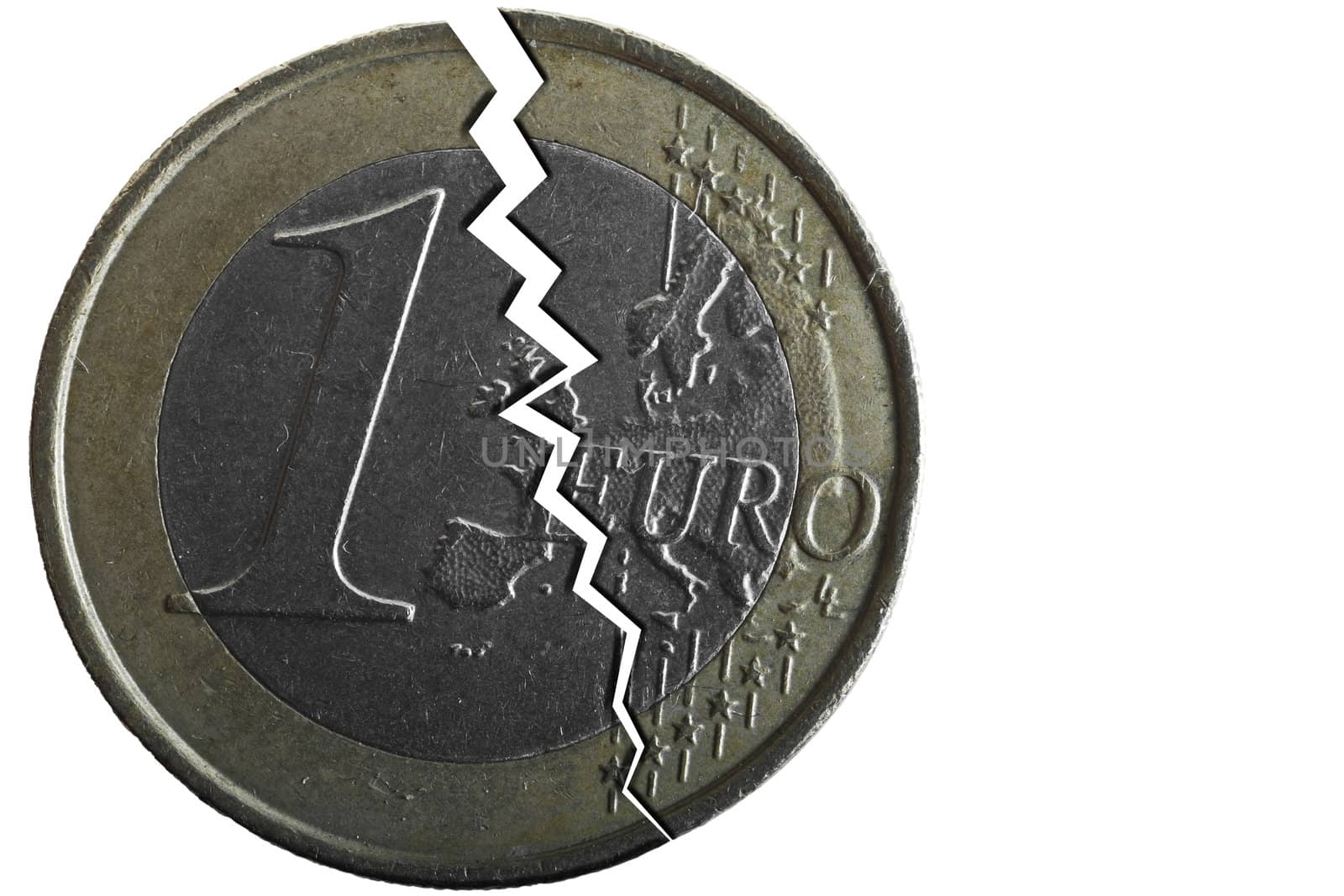 Conceptual image showing a cracked 1 Euro coin