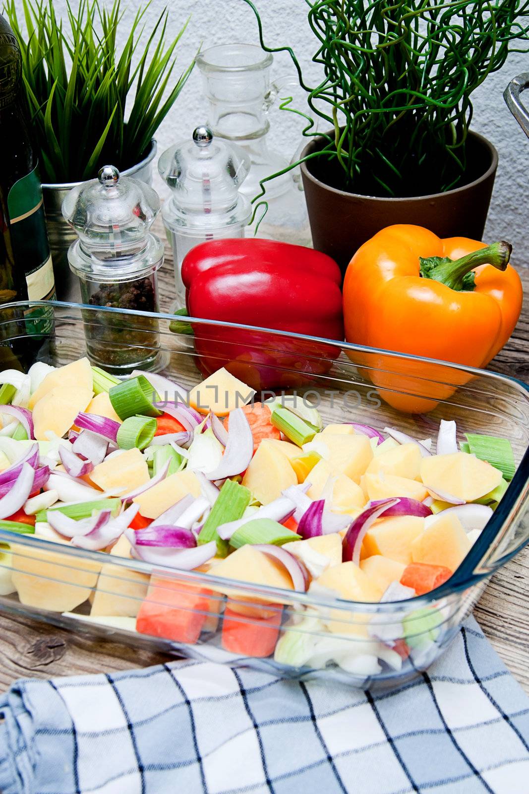 Fresh healthy Vegetables ready for cooking on wooden table