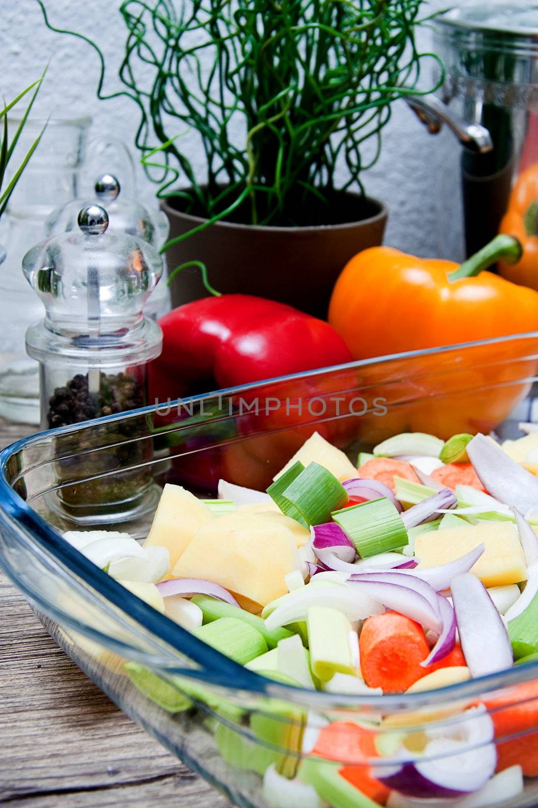 Fresh healthy Vegetables ready for cooking on wooden table