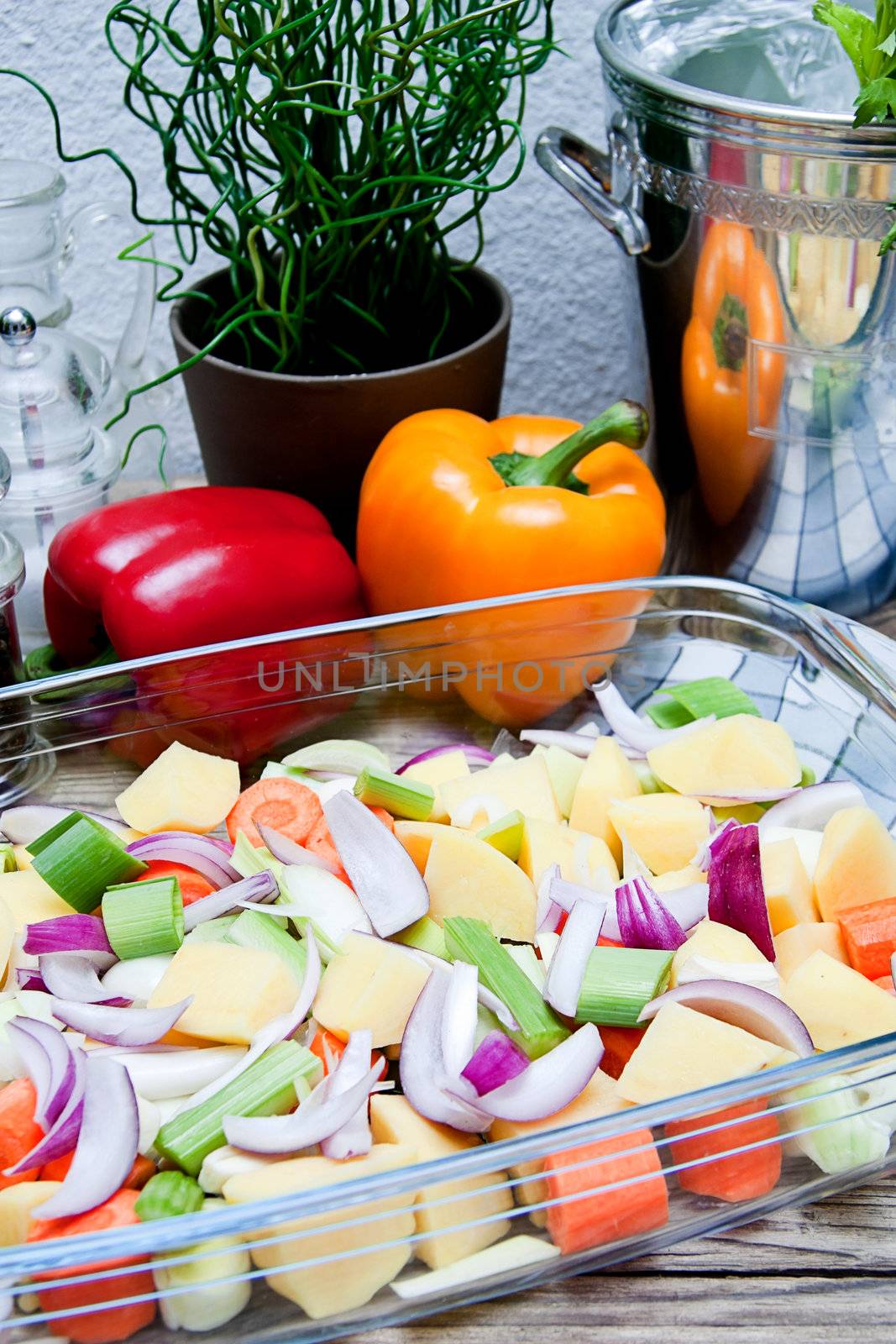Fresh healthy Vegetables ready for cooking on wooden table