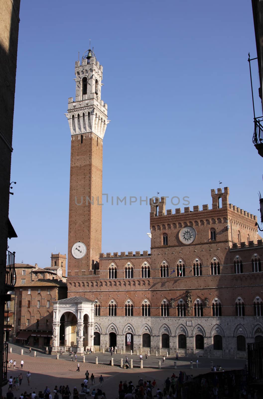 The Torre del Mangia and Palazzo Publico in the Piazza del Campo in Siena, Italy.
