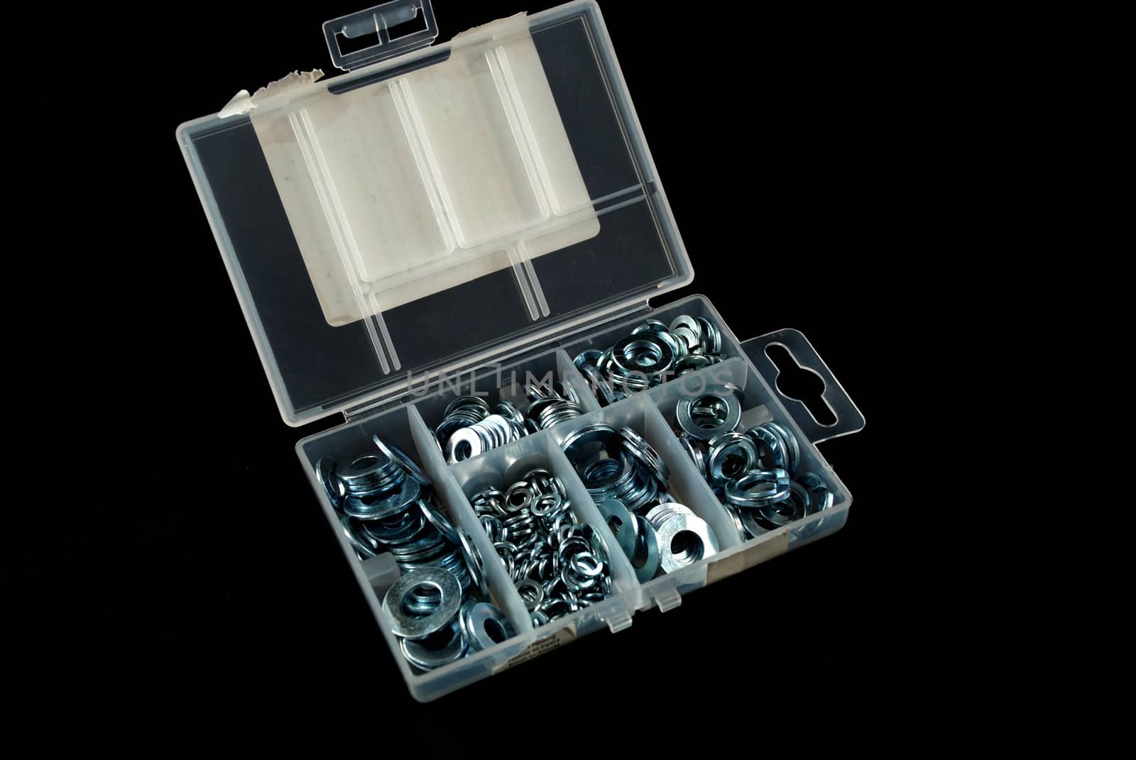 box containing several nuts and washers of different sizes