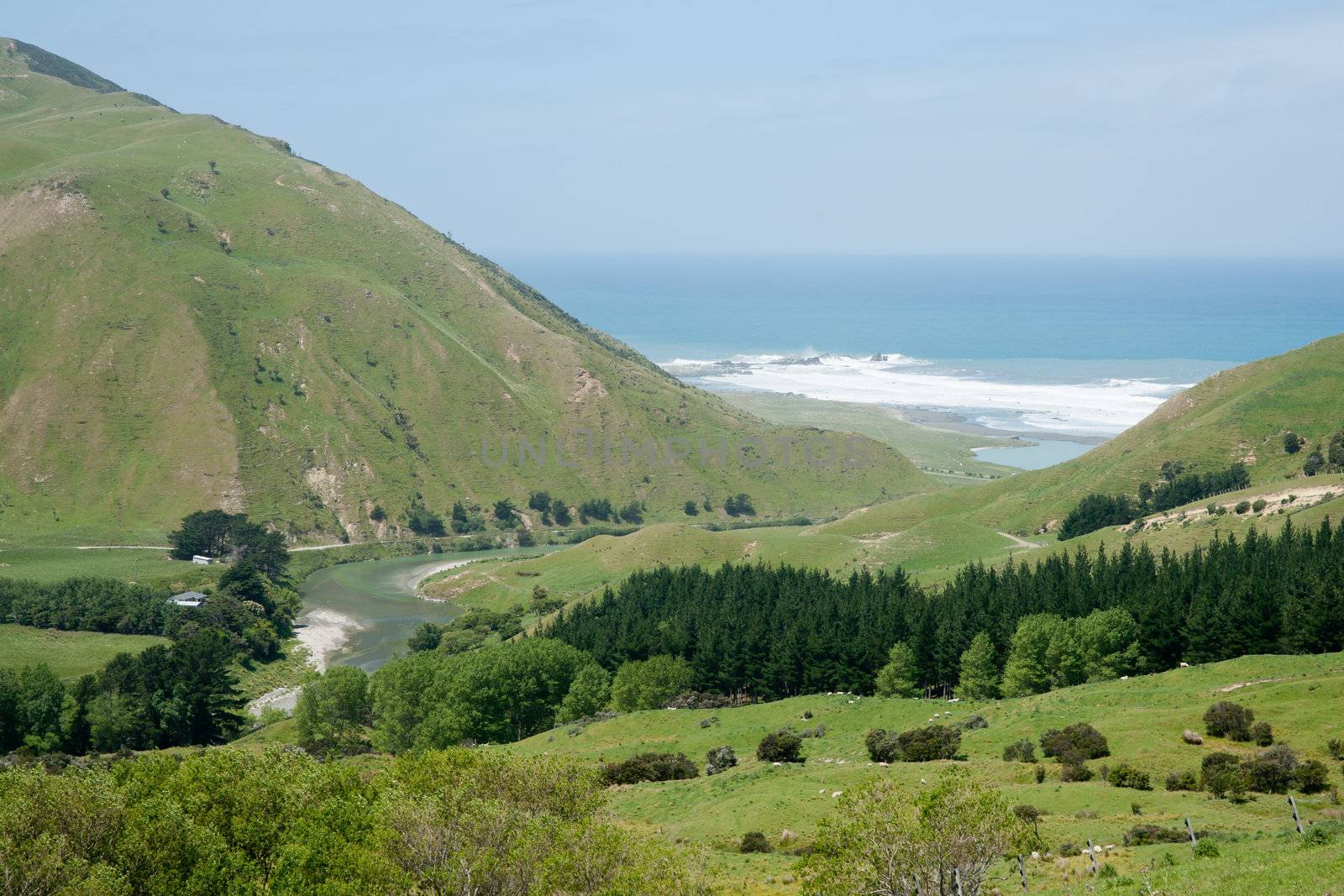 Rural and coastal landscape background.