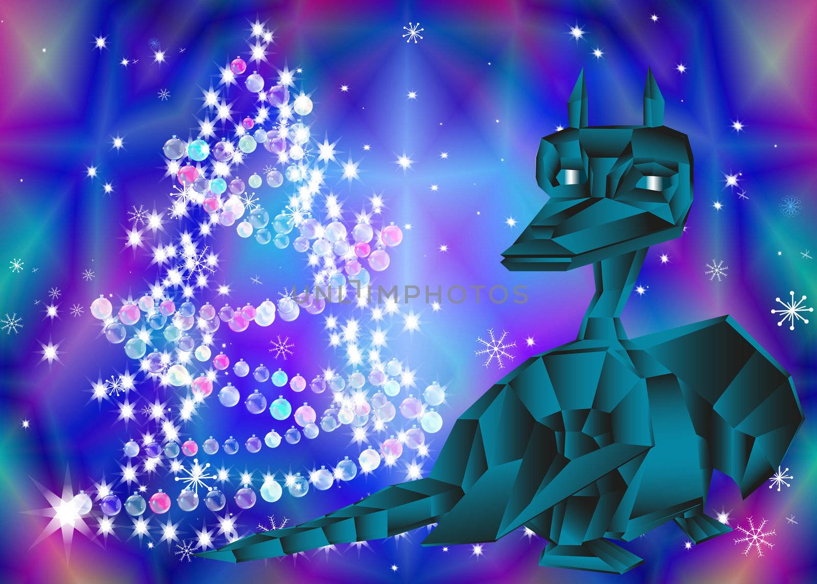 New Year's celebratory fur-tree with a garland on a bright abstract background and Dark blue fantastic dragon