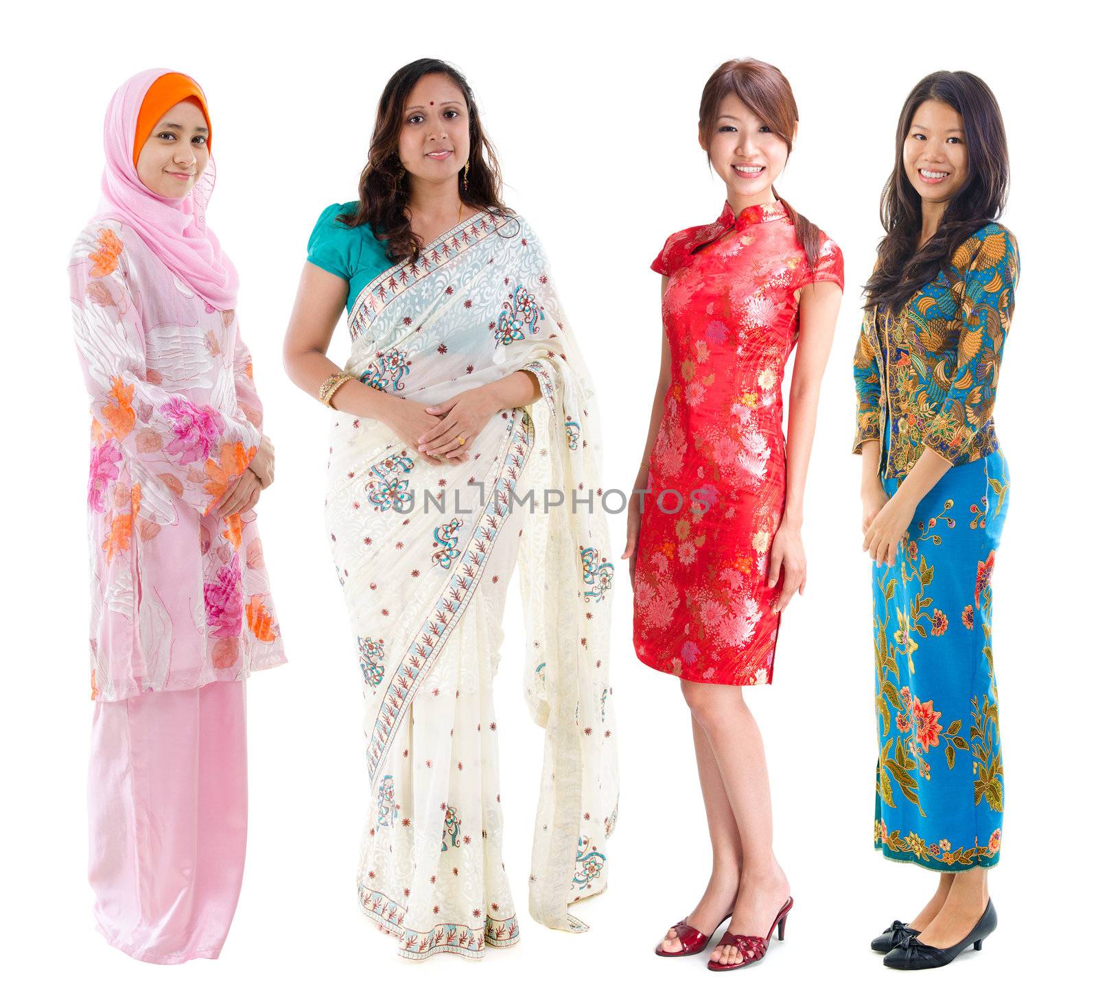 Group of Southeast Asian women in different culture. Full body diversity women in different traditional costume standing on white background.