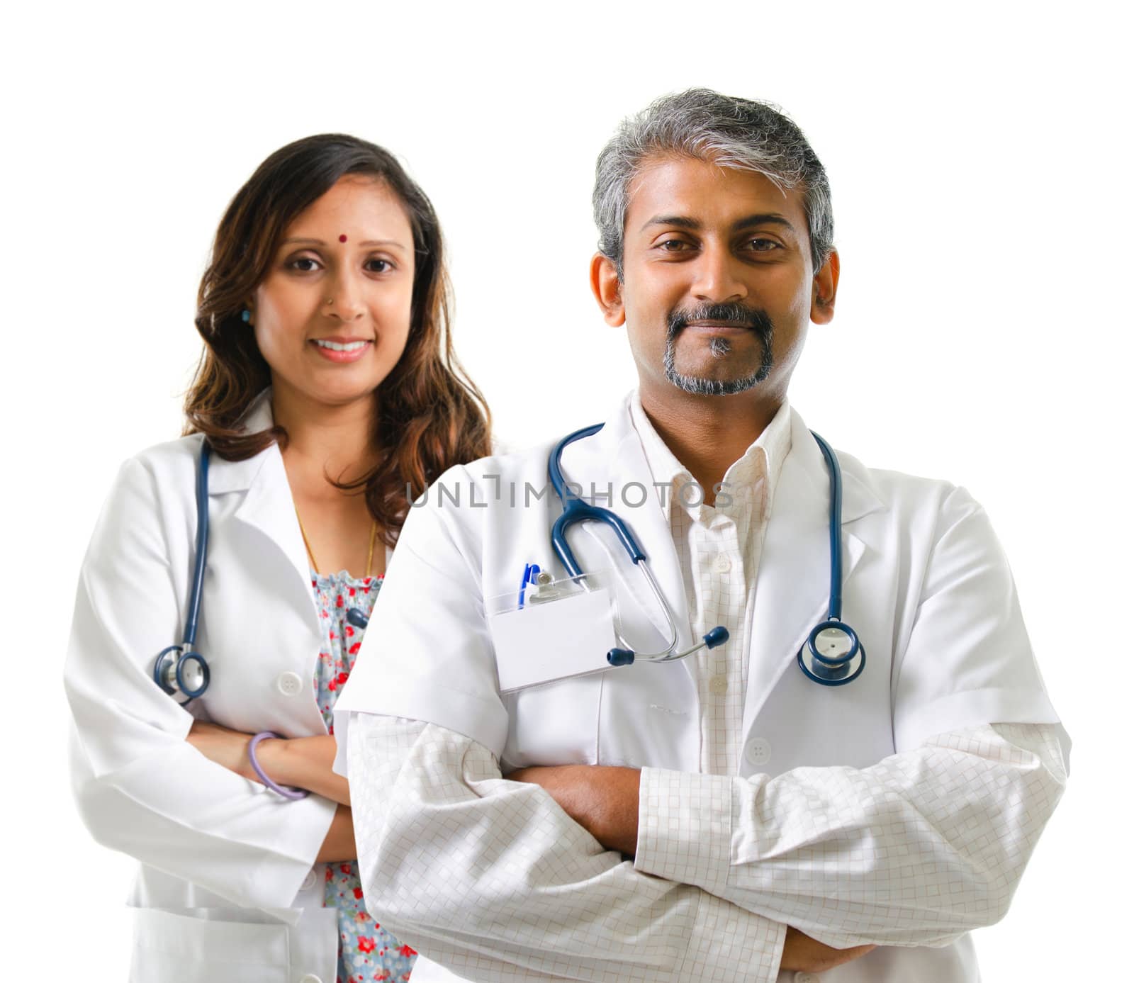 Indian doctors or medical team crossed arms standing isolated on white background