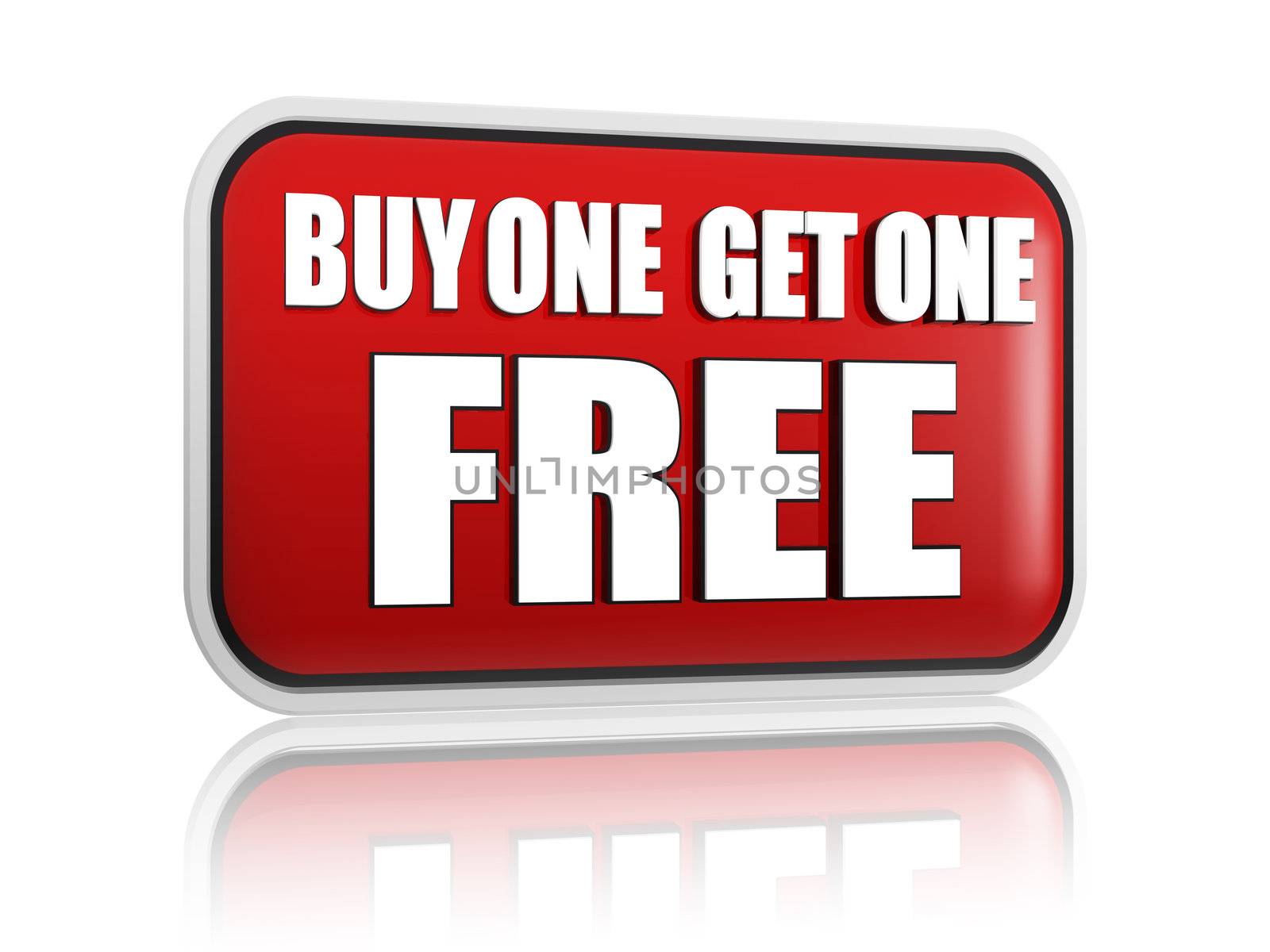buy one get one free button - 3d red banner with white text, business concept