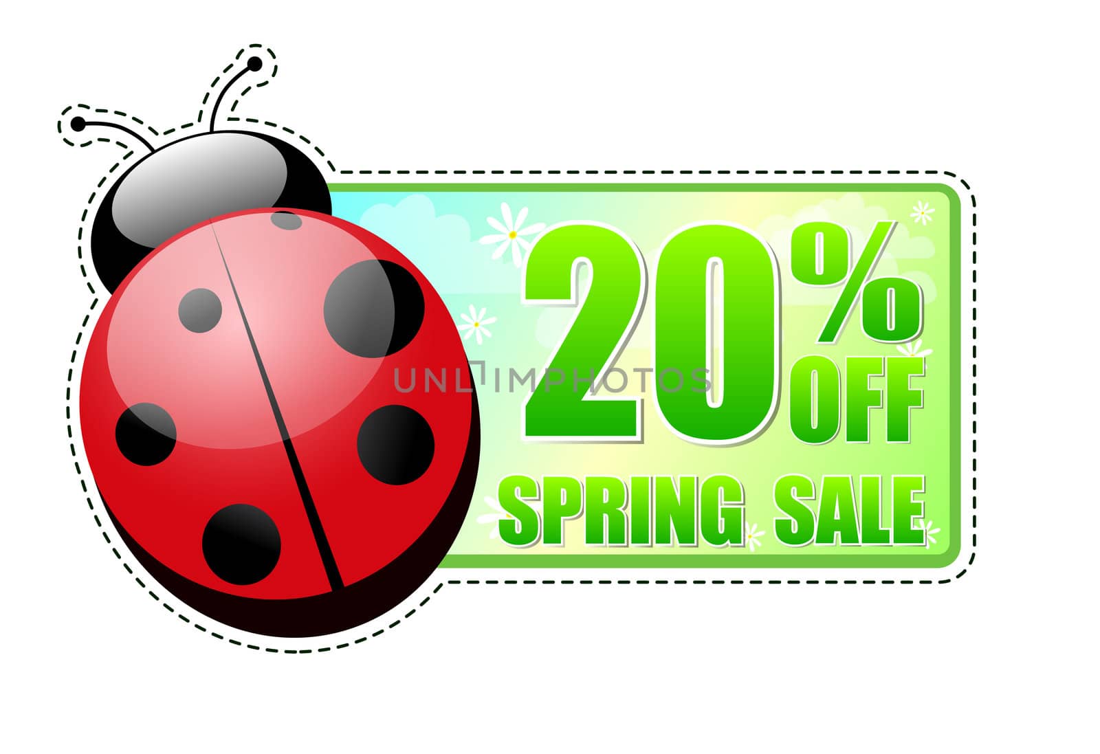 20 percentages off spring sale banner - text in green label with red ladybird and white flowers, business concept