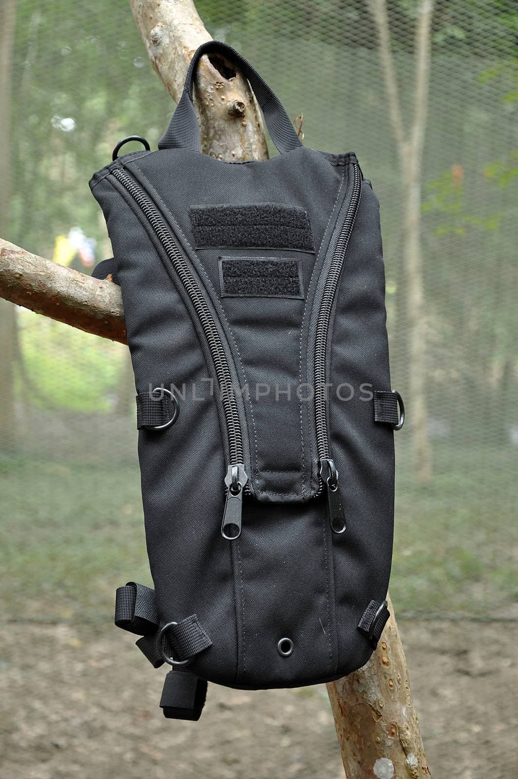 The Camelback hydration system or camel bag is backpack containing drinking water. The wearer is able to suck out the water from a tube, keeping their hands free. Camelbacks are used by various militaries.