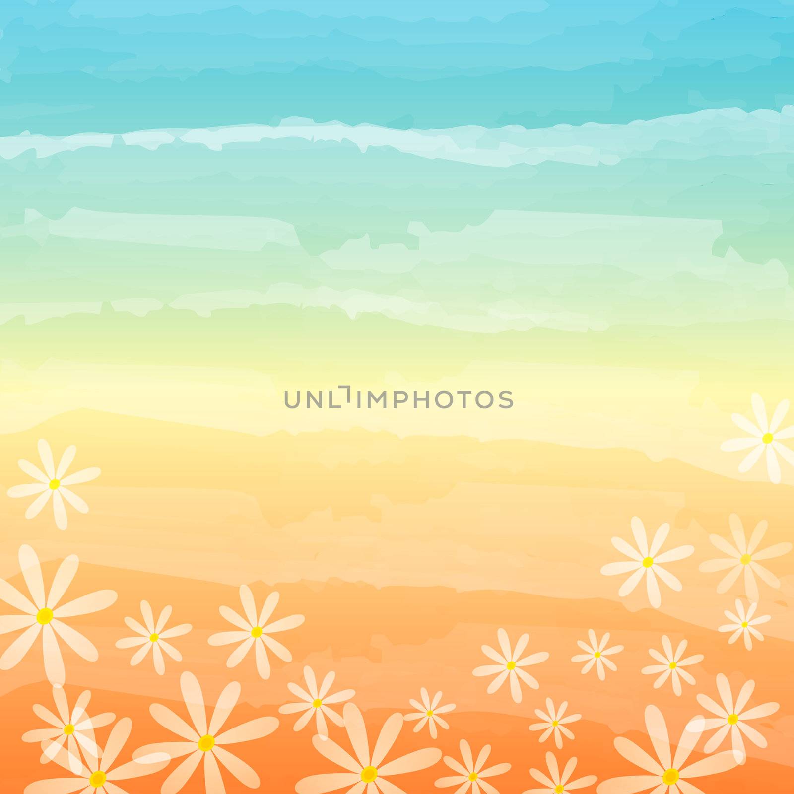 spring background with flowers over blue peach gradient