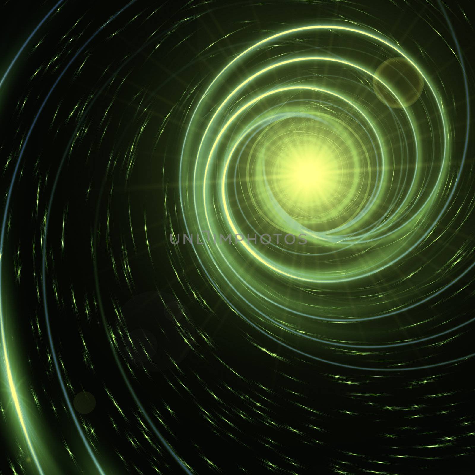 abstract star with green shining spirals over dark background