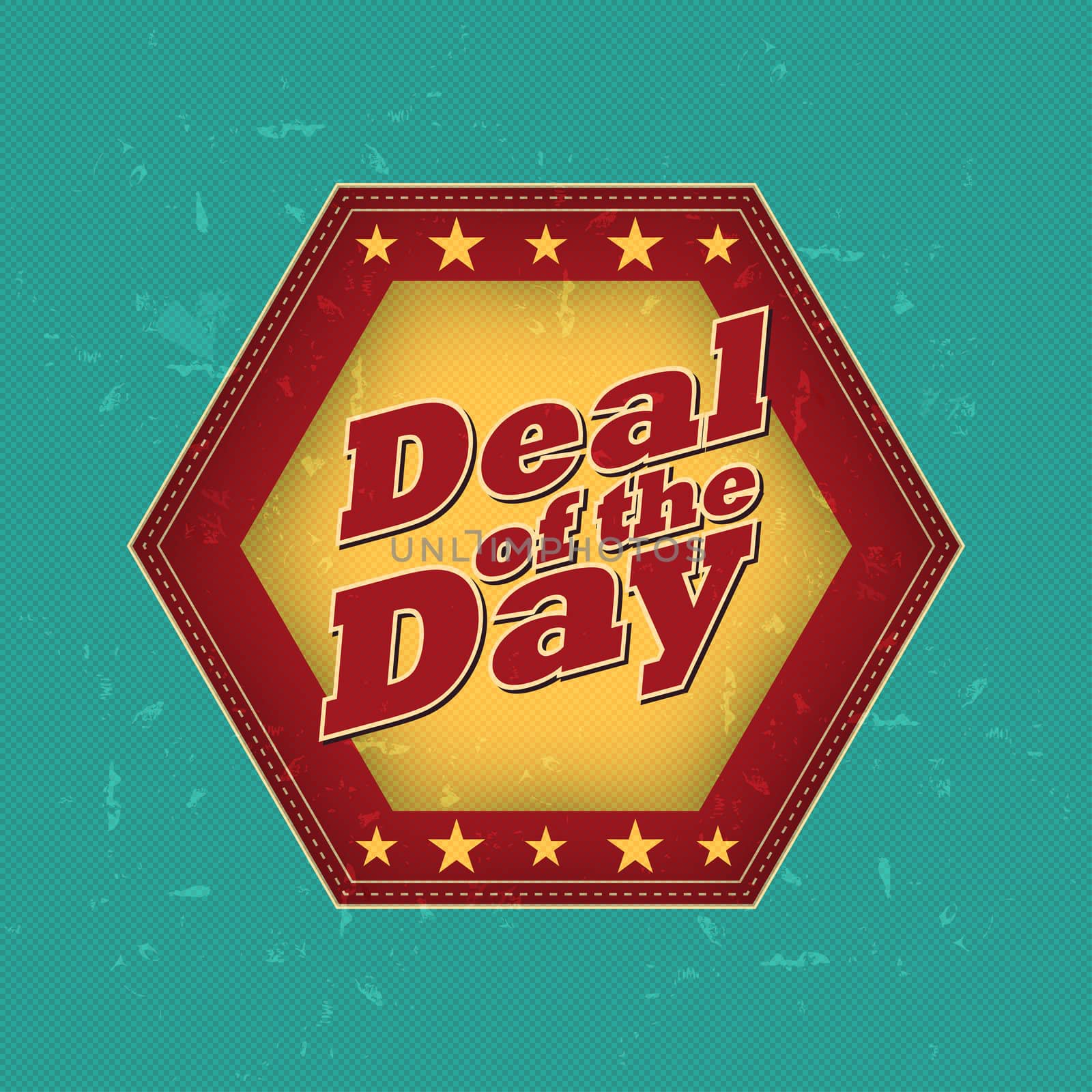 deal of the day - retro style hexagon label with text and stars, business concept