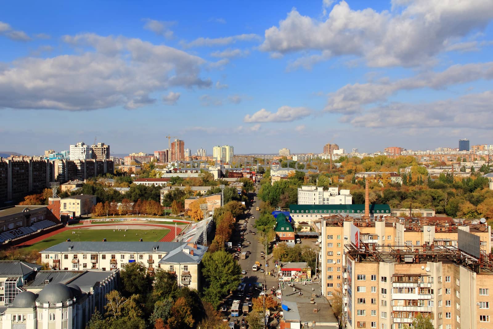 Panorama of Russian town from bird flight