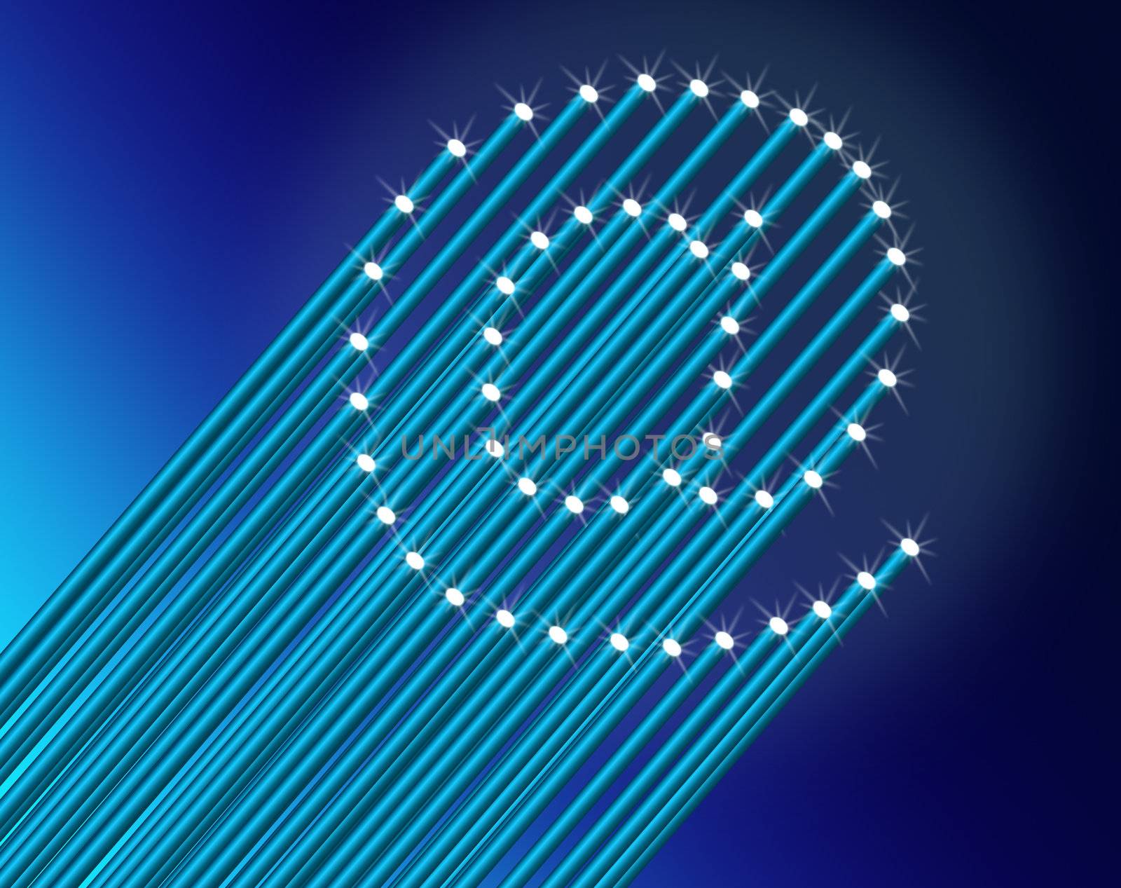 Illustration depicting many illuminated blue fiber optic light strands arranged to form the ampersat symbol. Blue gradient background.