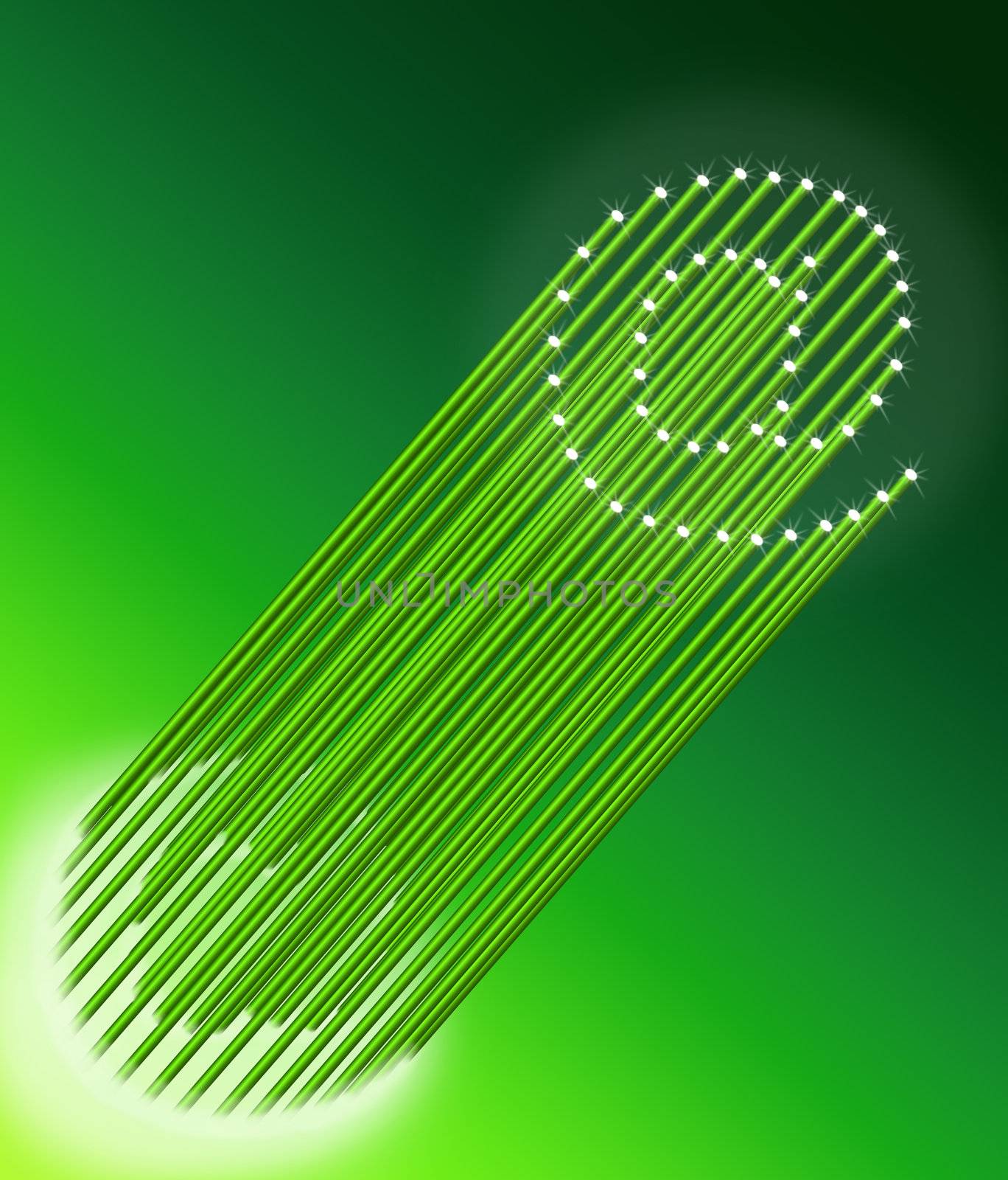 Illustration depicting many illuminated green fiber optic light strands arranged to form the ampersat symbol. Dark green background.