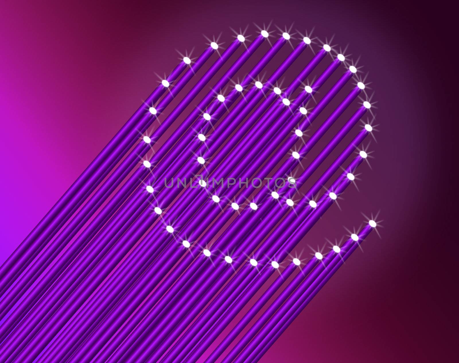 Illustration depicting many illuminated violet fiber optic light strands arranged to form the ampersat symbol. Dark pink background.