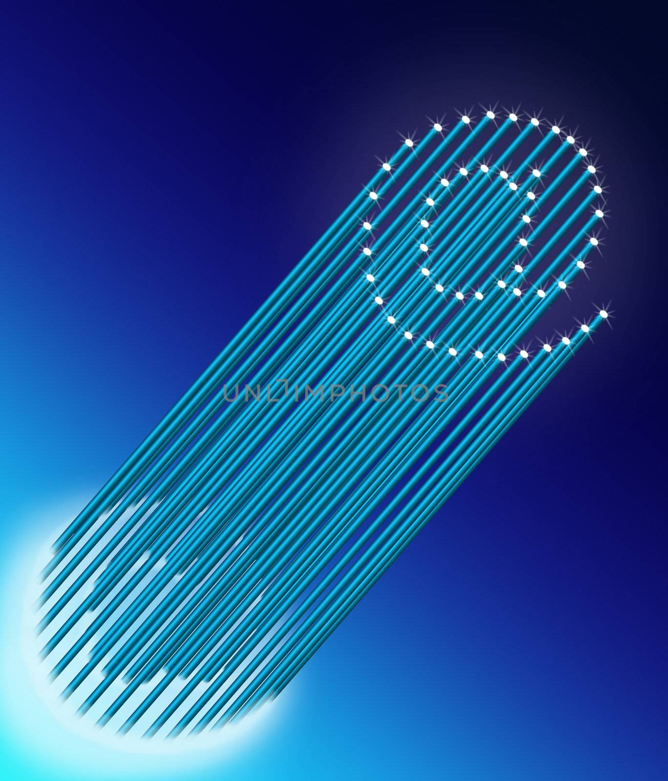 Illustration depicting many illuminated blue fiber optic light strands arranged to form the ampersat symbol. Blue gradient background.