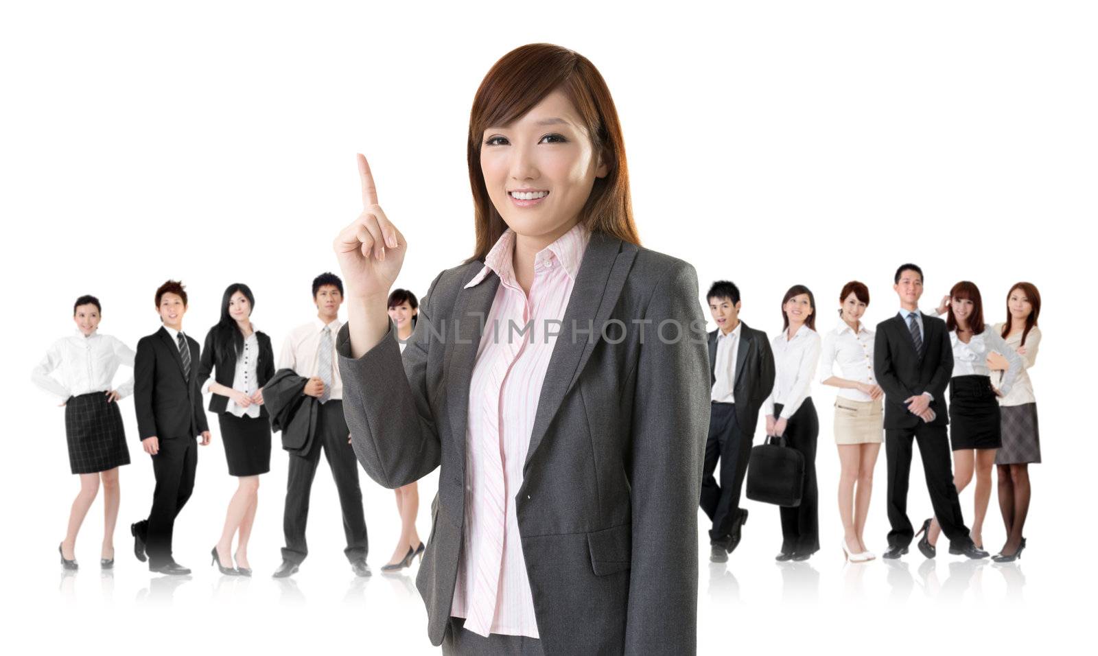 Smiling business executive woman of Asian have an idea in front of her team isolated on white background.
