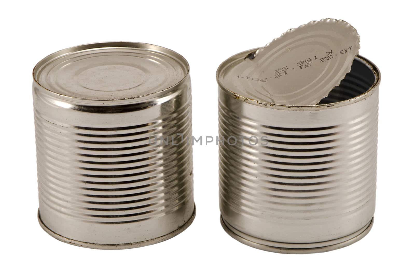 pair of open used silver metal cans isolated on white background