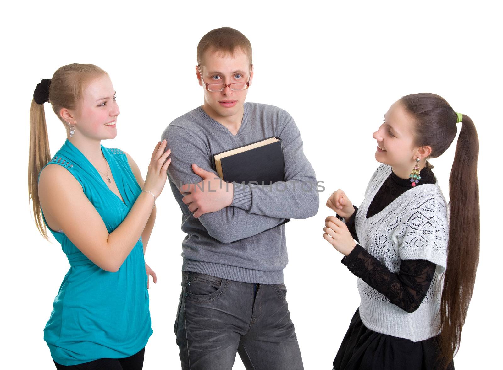 Two girls and a guy with glasses with a book. Isolated on white background