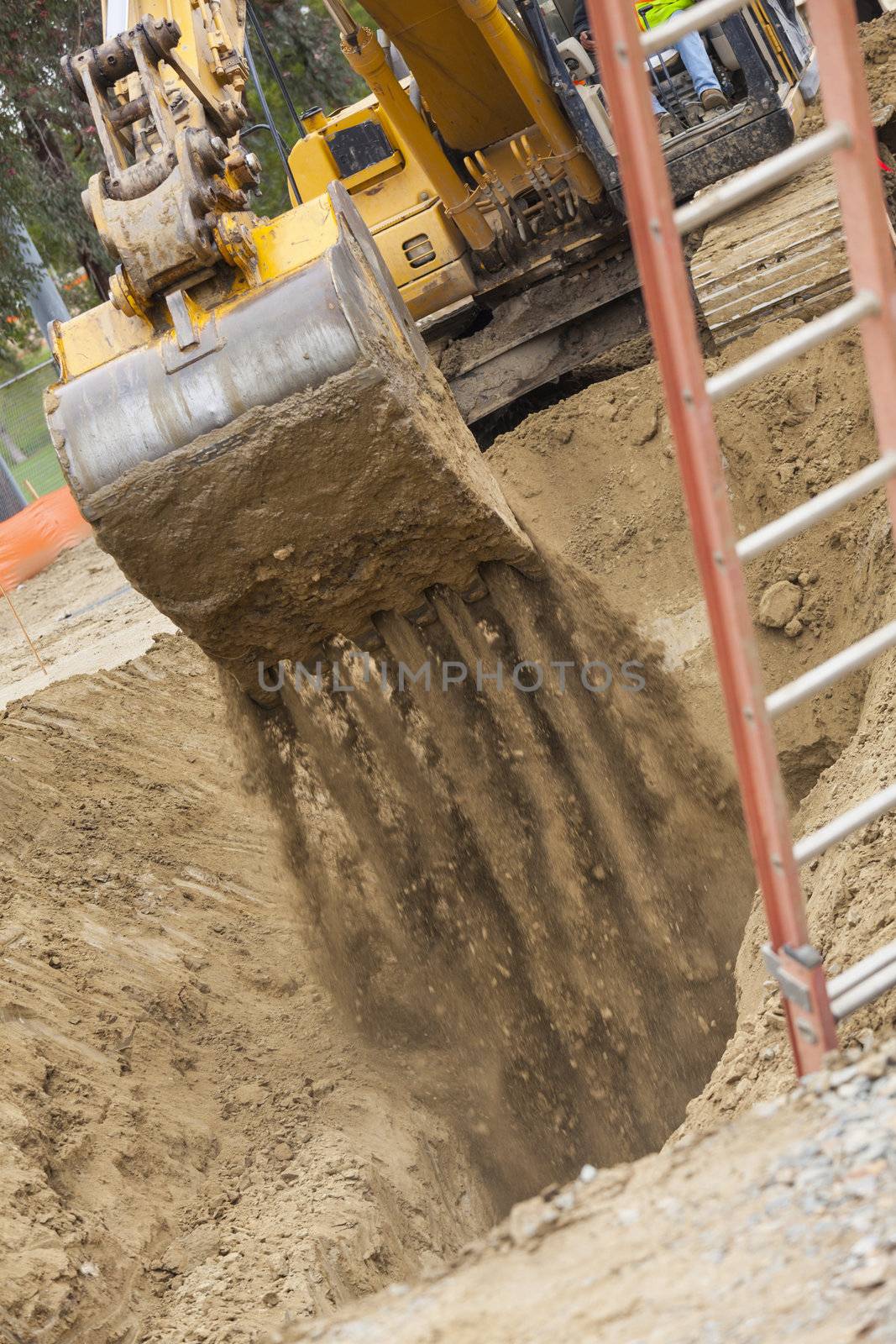 Working Excavator Tractor Digging A Trench.