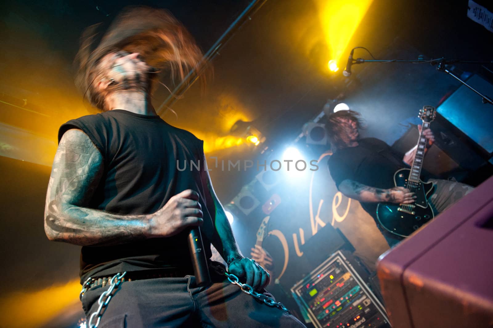 CANARY ISLANDS – DECEMBER 2: Kenneth Liliegren(l) and Songwriter Ole Olsen(r), from the Norwegian band Mecalimb, performing onstage during Hard & Heavy Meeting December 2, 2011 in Canary islands,Spain
