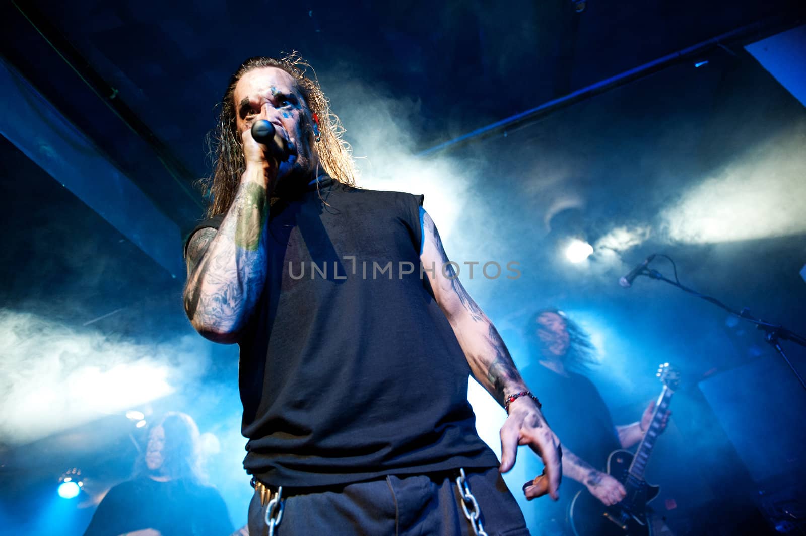 CANARY ISLANDS – DECEMBER 2: Singer Kenneth Liliegren in front, from the Norwegian band Mecalimb, performing onstage during Hard & Heavy Meeting December 2, 2011 in Canary islands, Spain
