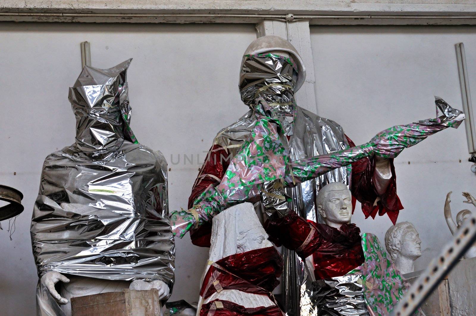ATHENS - JANUARY 15: Statues wrapped in plastic at the abandoned house of sculptor Nikolaos Pavlopoulos (1909 - 1990). Athens Greece, January 15, 2013.
