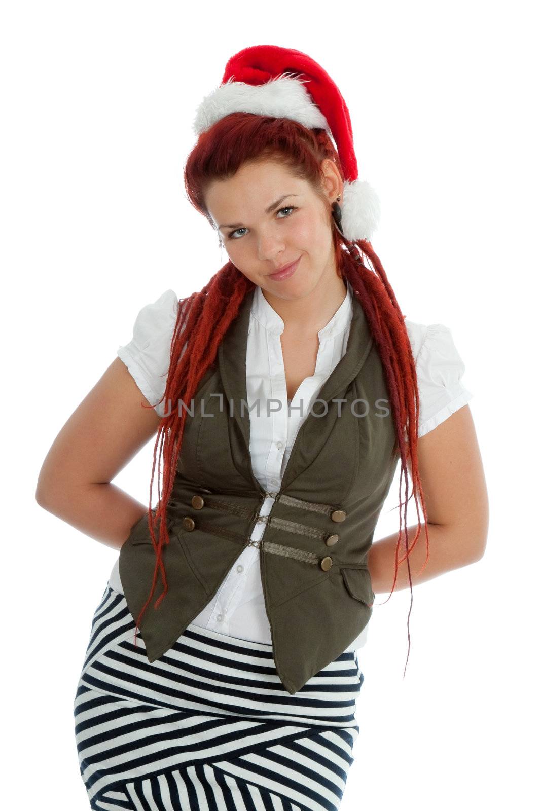 Young modern girl wearing Santa Claus hat isolated on white background.