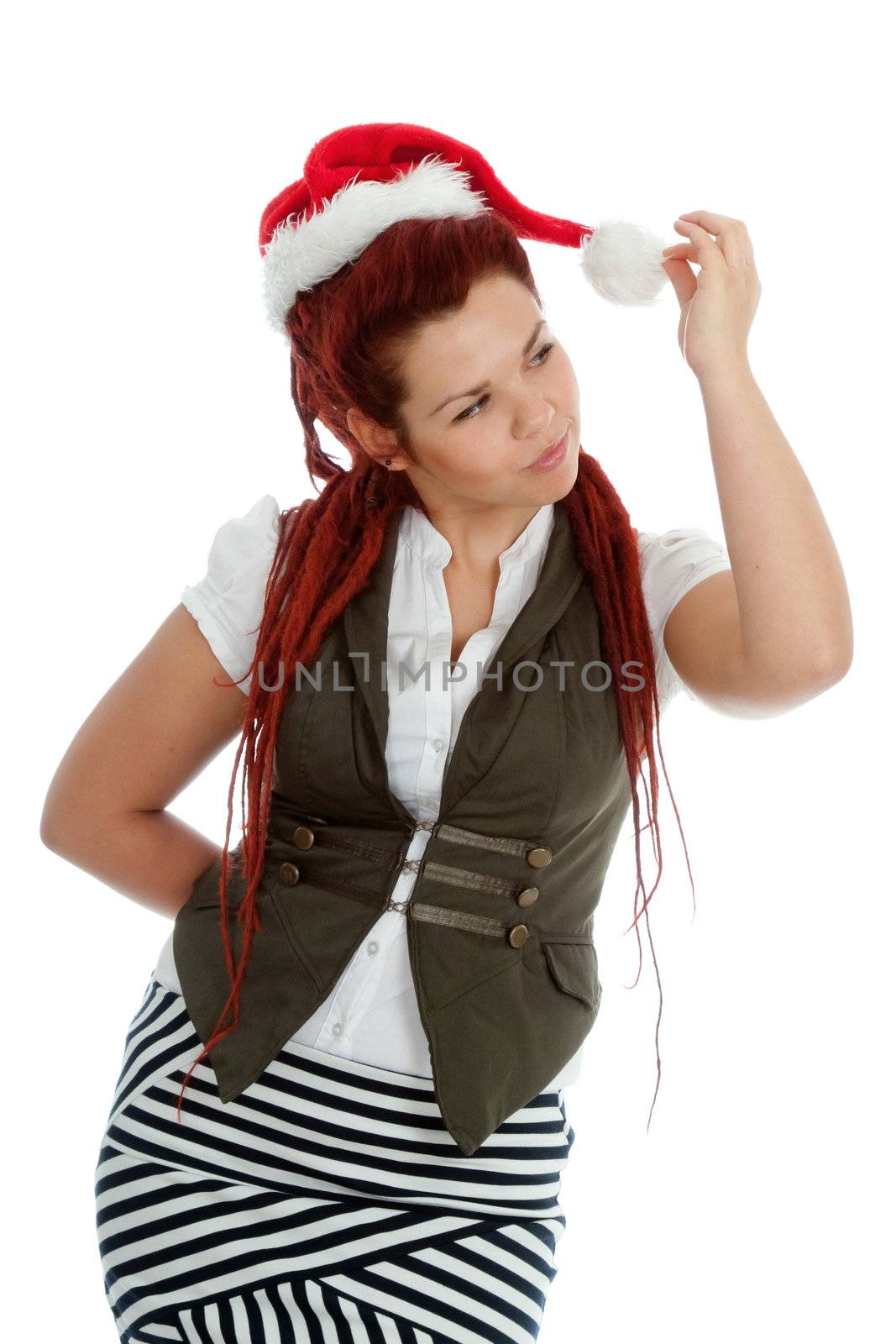 Young modern girl wearing Santa Claus hat isolated on white background.