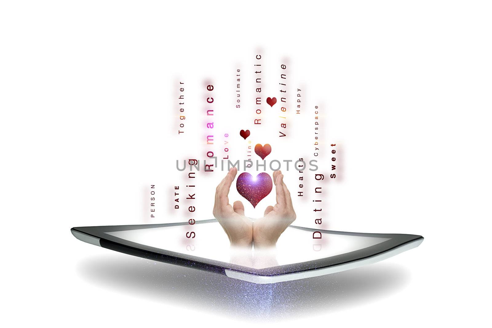 Conceptual image of online dating and romance with a mans hands cupping a heart above a tablet screen surrounded by streaming text pertaining to courtship on a white background