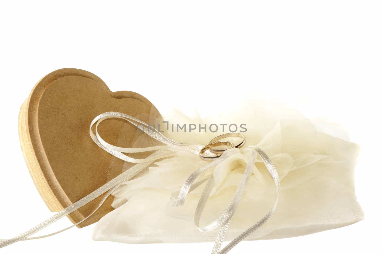 wedding favors and wedding rings on white background