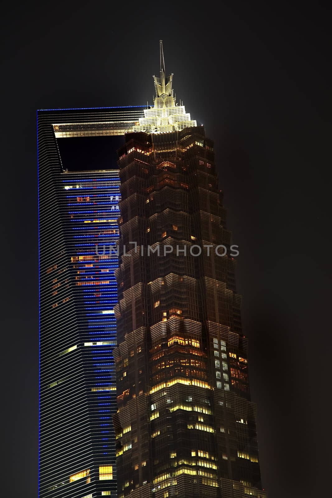 Large Financial Center Skyscrapers at Night Shanghai China by bill_perry