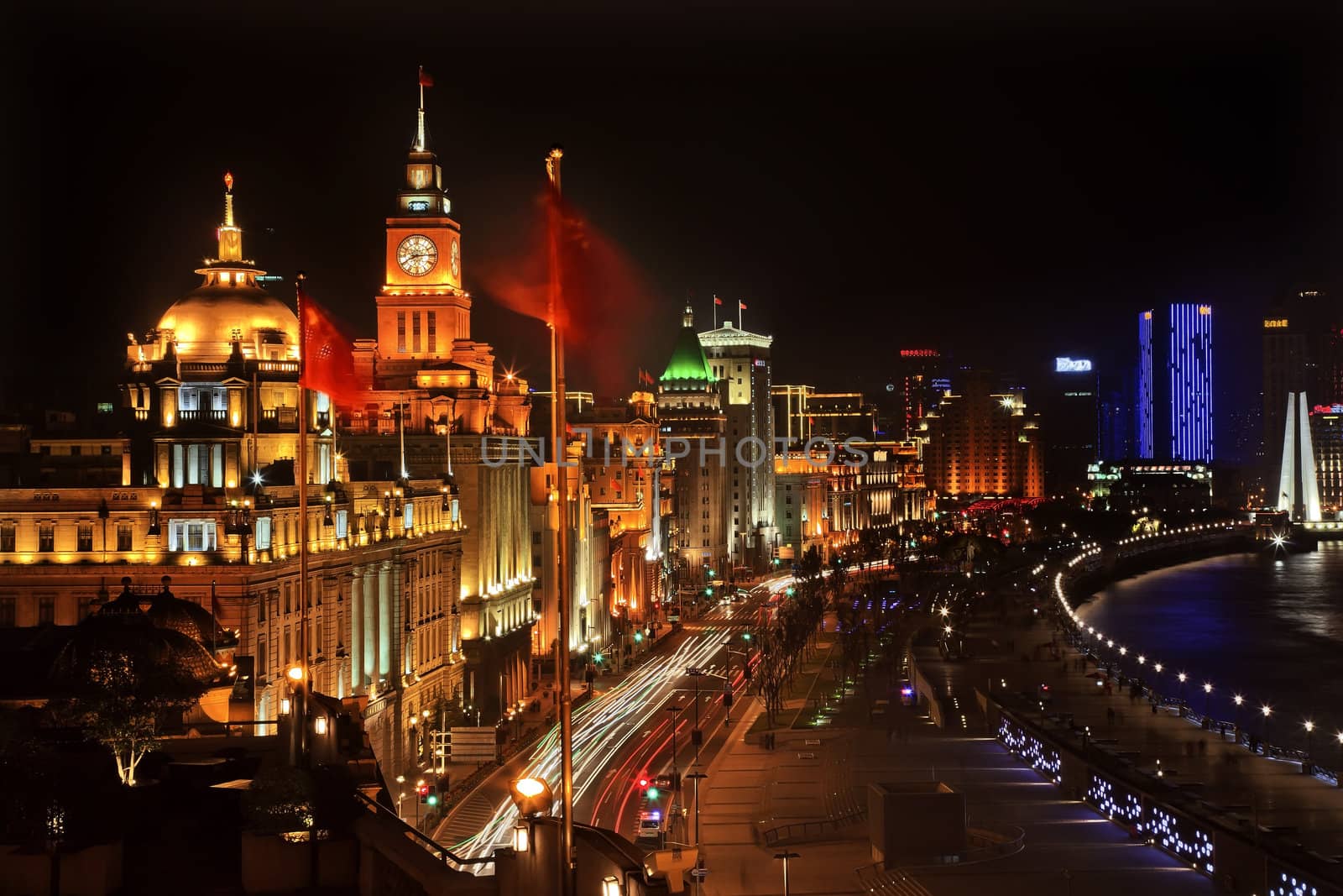 Shanghai China Bund at Night Cars, Flags Trademarks Obscured