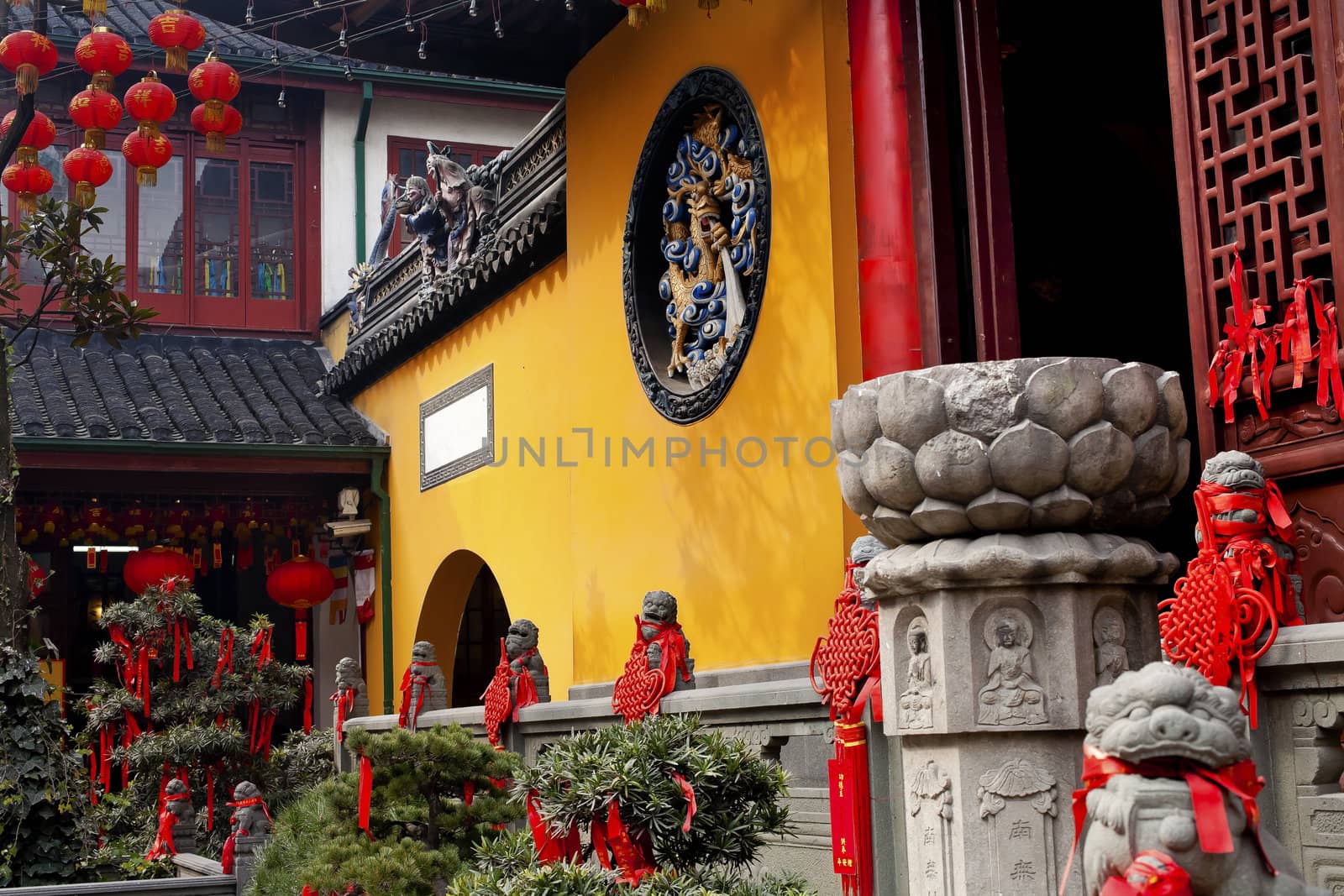 Jade Buddha Temple Doorway Lanterns Ribbons Jufo Si Shanghai China Most famous buddhist temple in Shanghai  Chinese New Year Decorations