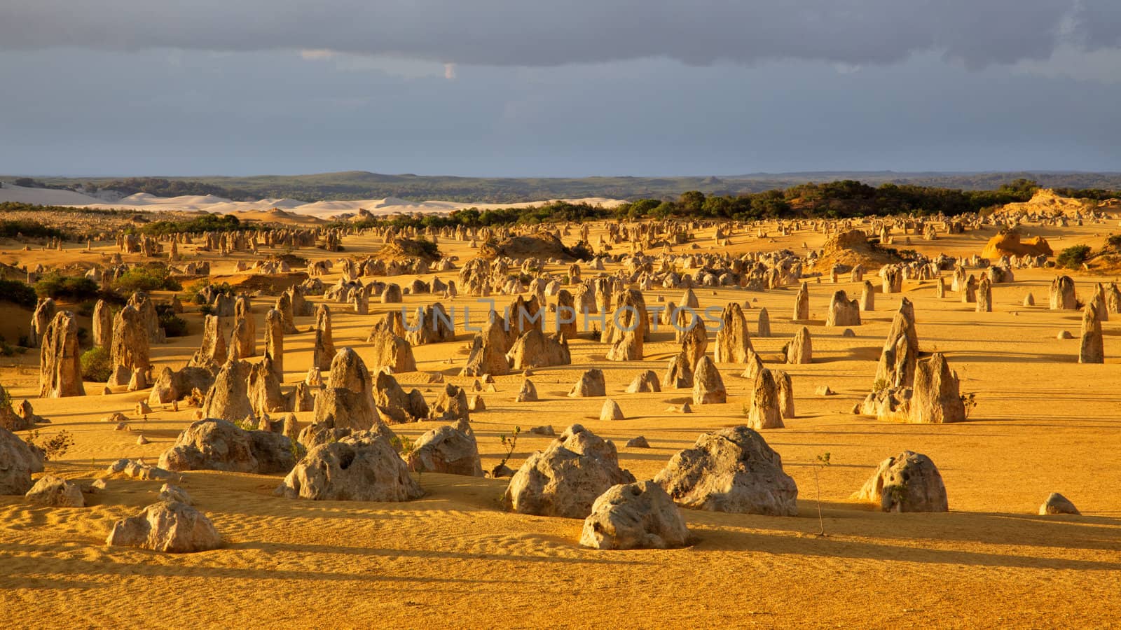An overview of part of the Pinnacles Desert in the heart of the Nambung National Park, Western Australia.