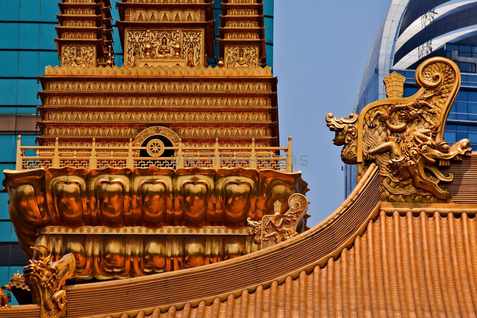 Gold Dragons Golden Temple Roof Top Jing An Tranquility Temple Shanghai China Richest Buddhist temple in Shanghai