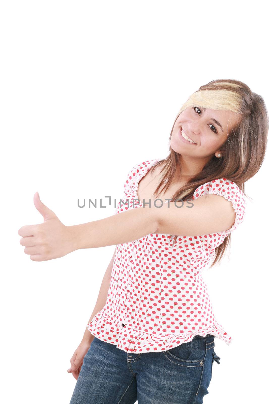 a beautiful smiling woman making ok sign