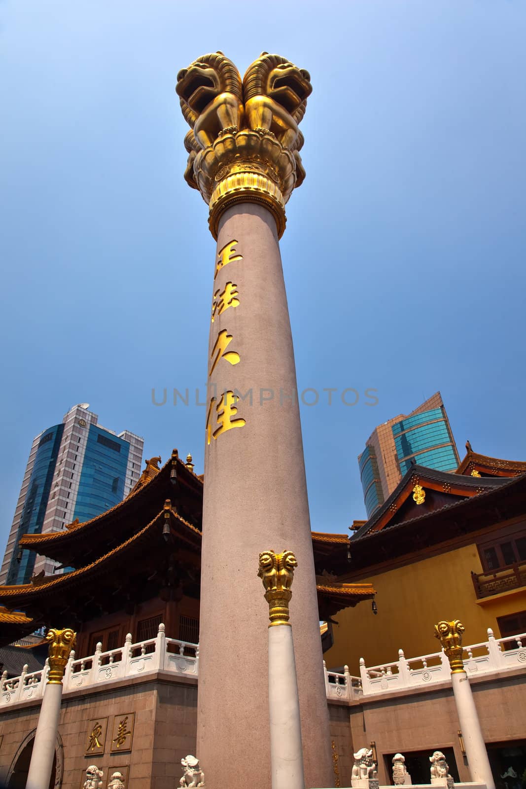 Golden Lions Pillars Roof Tops Jing An Tranquility Temple Shanghai China Richest Buddhist temple in Shanghai