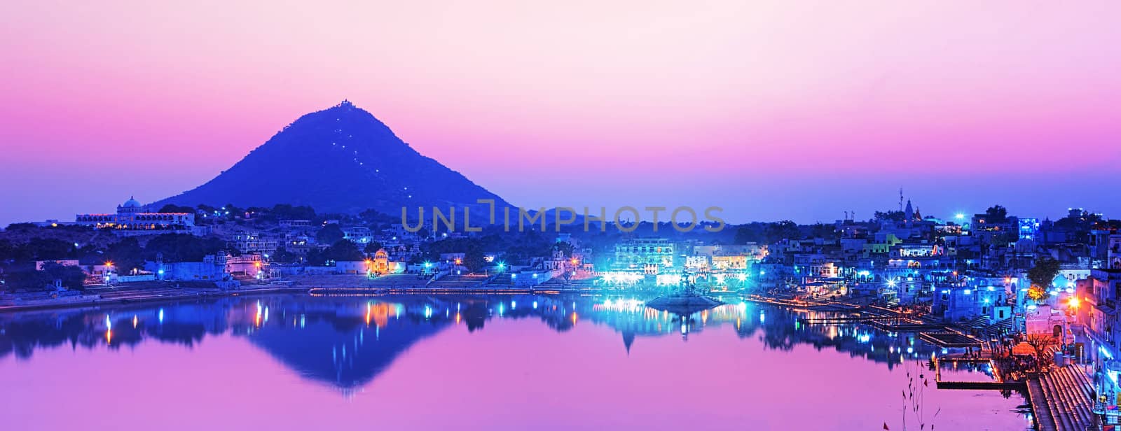 Pushkar lake at night. Pushkar, Rajasthan, India, Asia. Panorama.