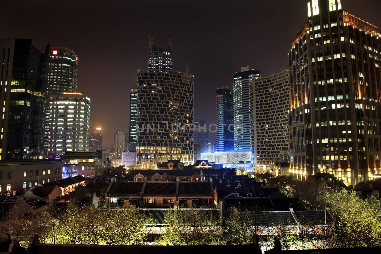 Xintiandi Old Chinese Houses High Rises Luwan Shanghai China at Night