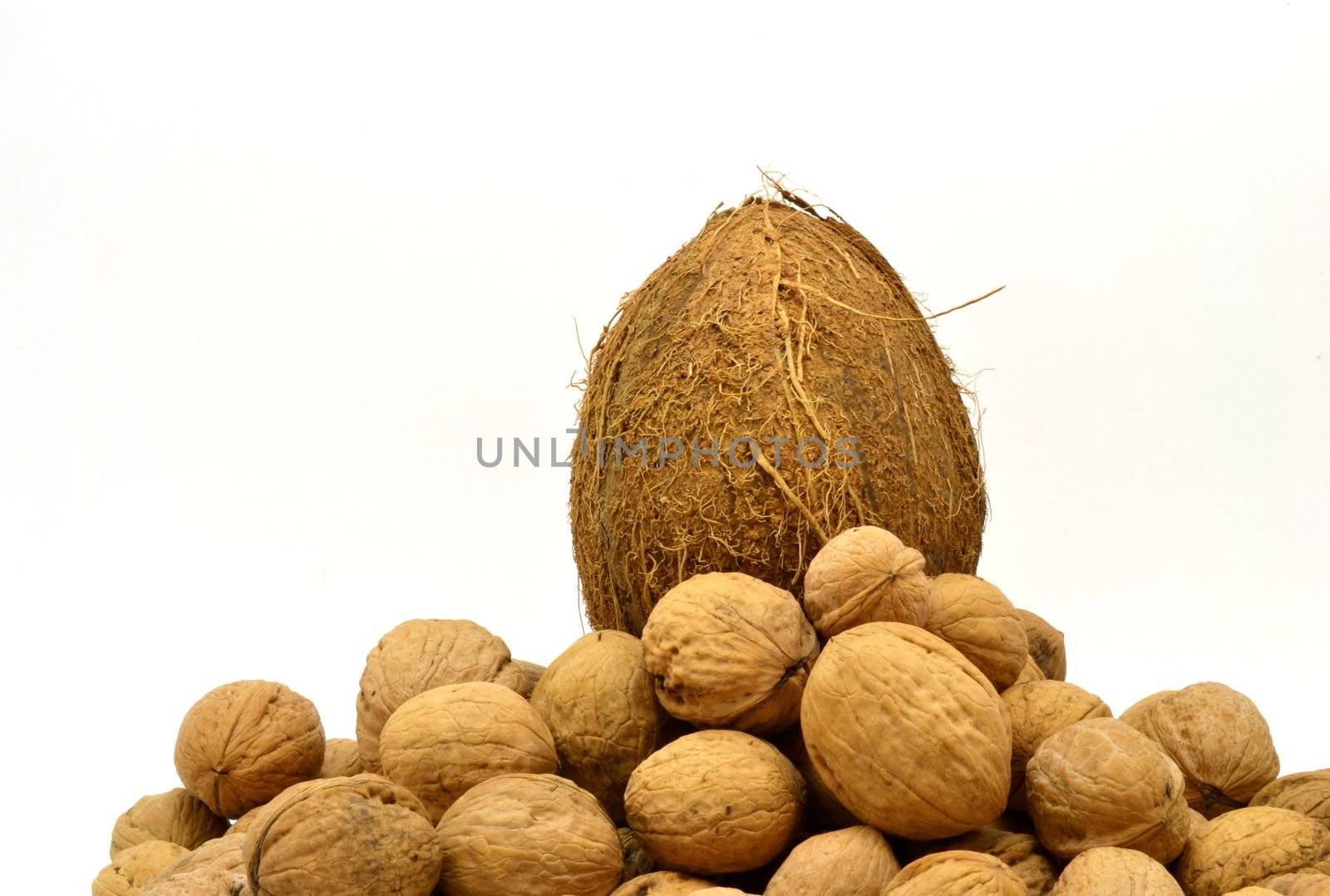 Coconuts  and Greek nuts over white background