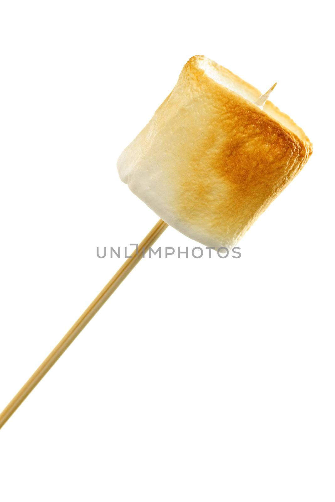 Golden toasted marshmallow on a wooden skewer