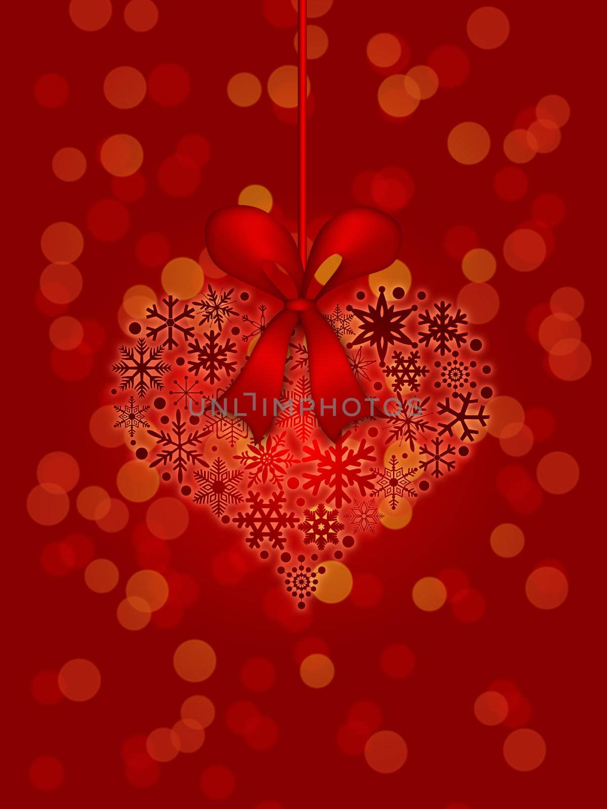 Christmas Snowflakes Heart Shape Ornament on Red Blurred Background Illustration